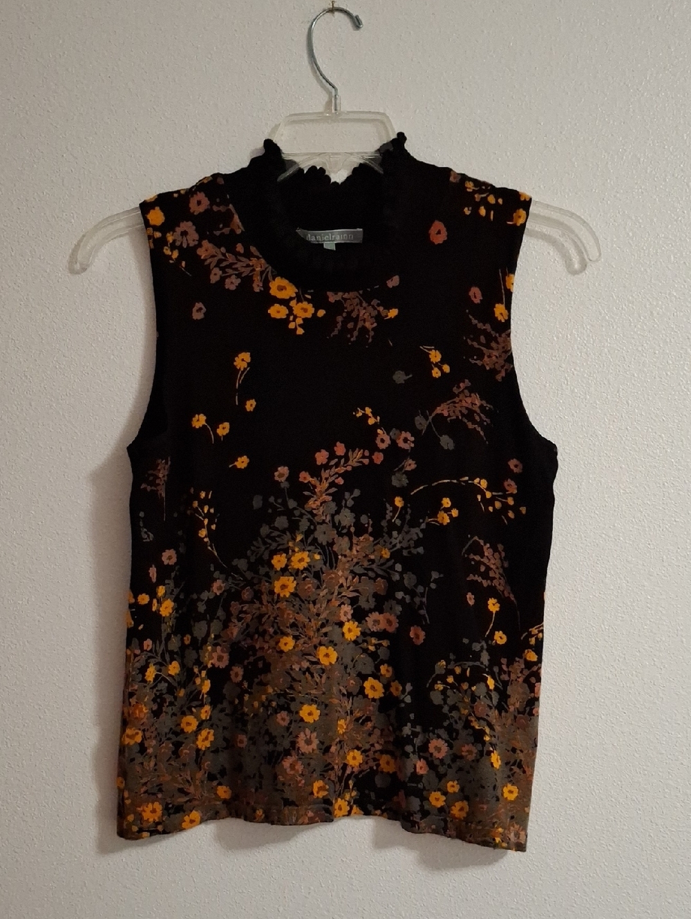 Daniel Rainn Black Sleeveless Mock Neck Floral Tank with Yellow Accents